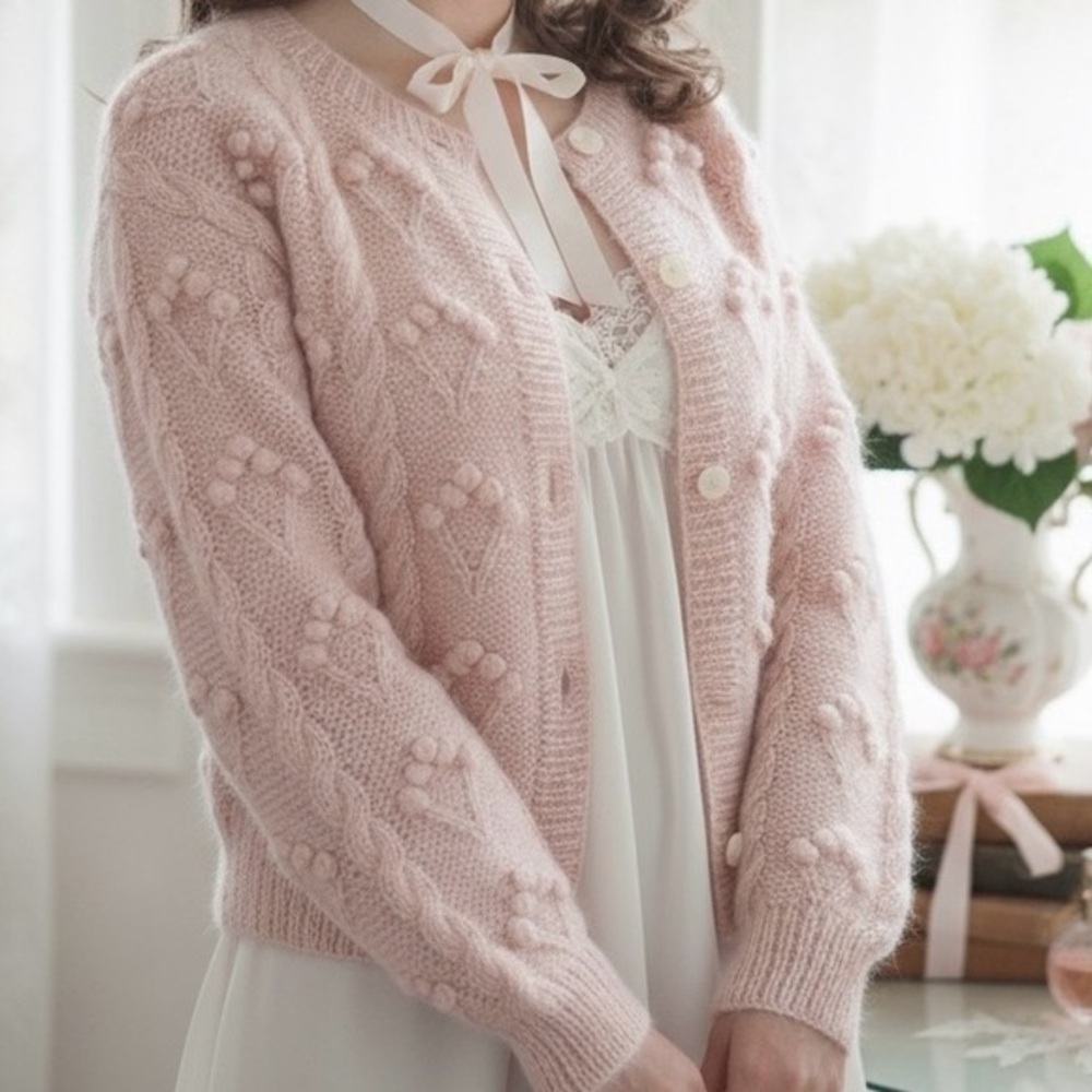 LIZ CLAIBORNE Vintage Mohair Hand Knit Popcorn Cable Cardigan Sweater M